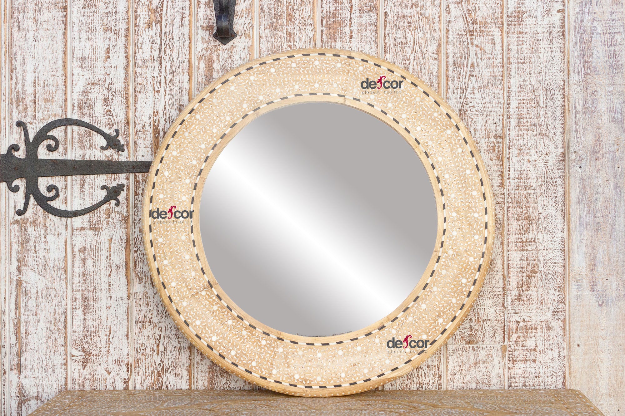 DE-COR | Ispirazione globale, Specchio intarsiato rotondo Zellige in stile rustico sbiancato